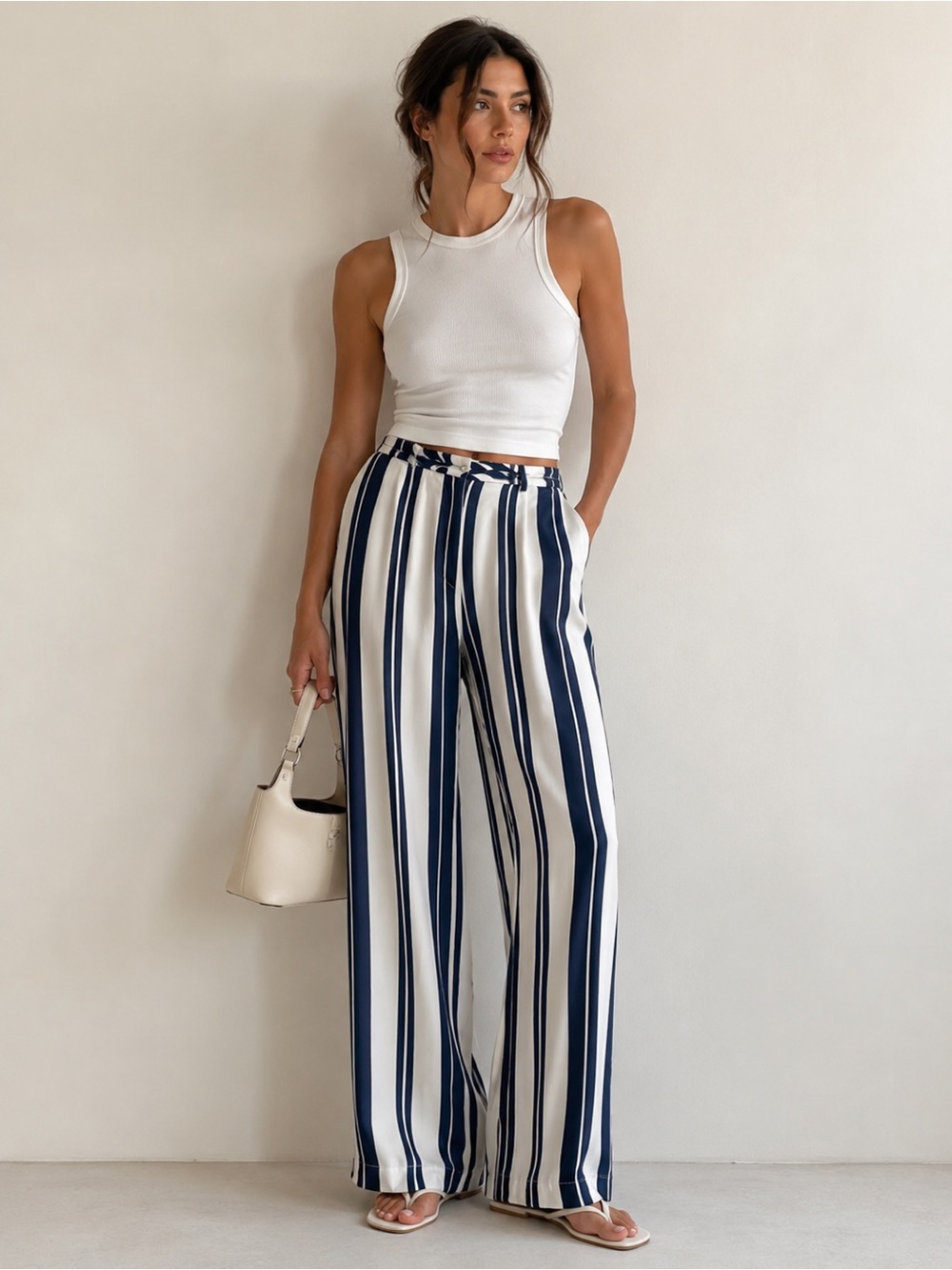 Zara Navy & White Vertical-Stripe Wide-Leg Pants, size XS